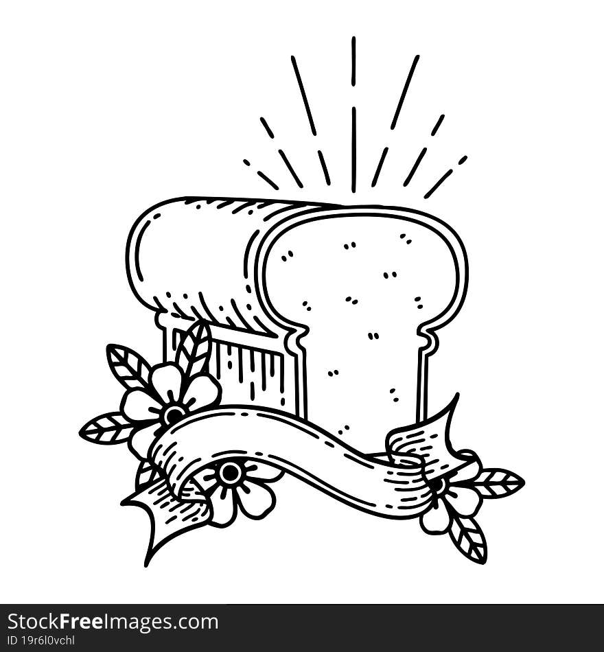 scroll banner with black line work tattoo style loaf of bread