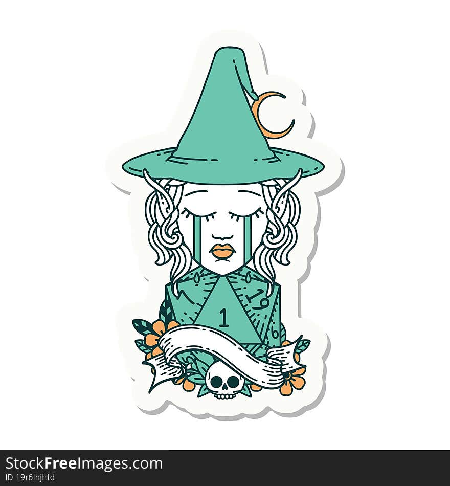 crying elf mage character face with natural one D20 roll sticker