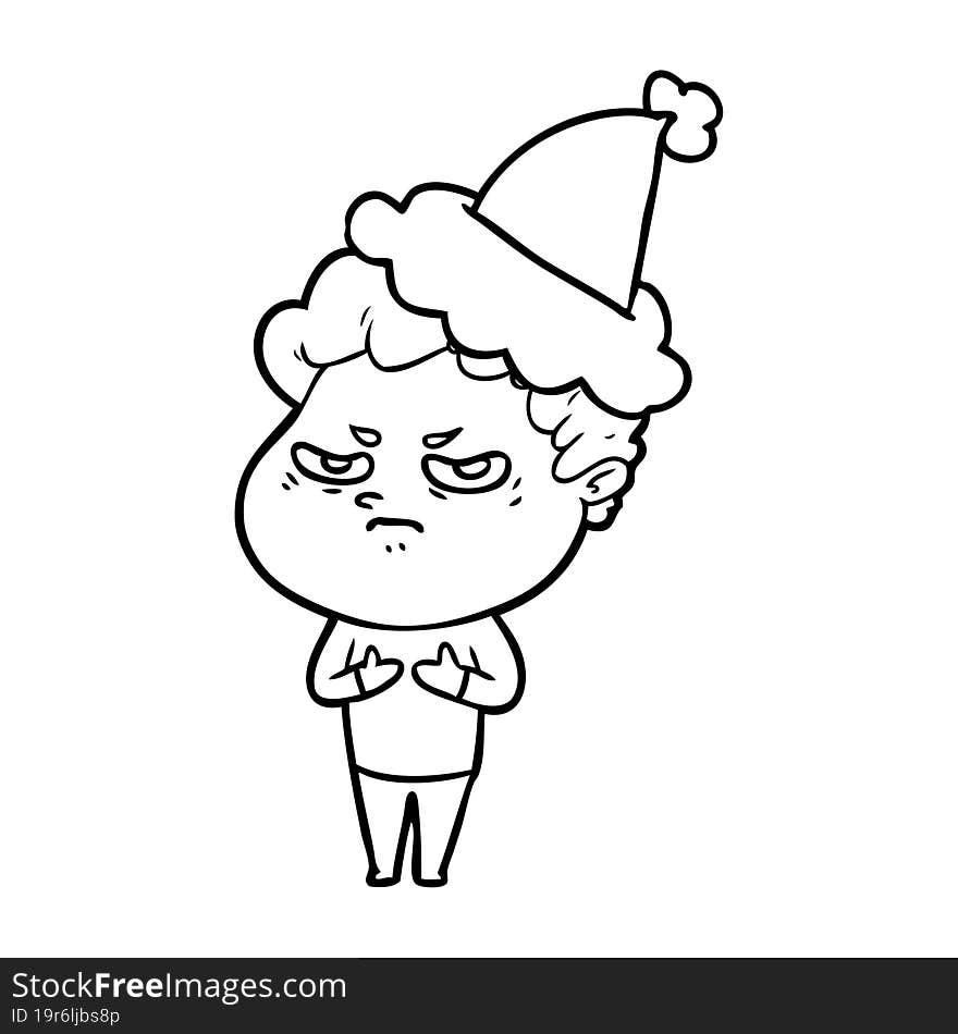 line drawing of a angry man wearing santa hat