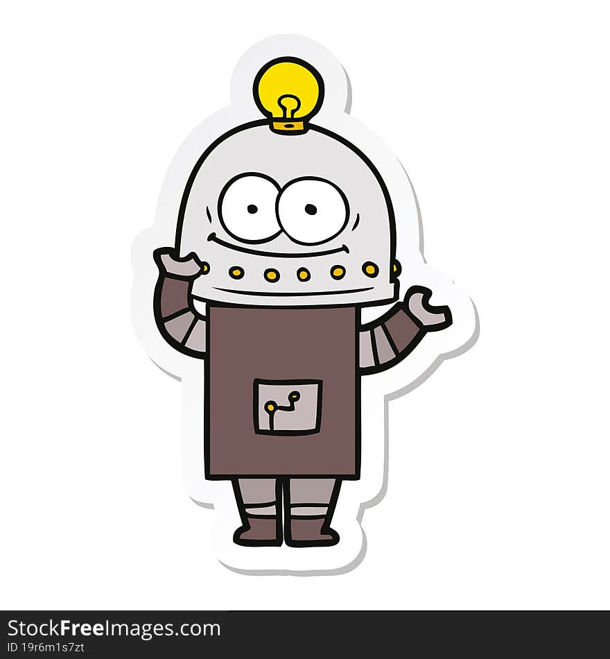 sticker of a happy carton robot with light bulb