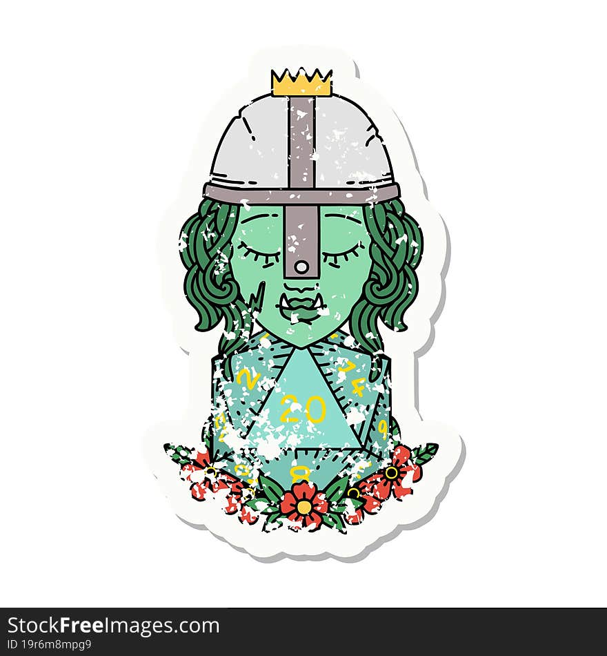 Orc Fighter Character With Natural Twenty Dice Roll Grunge Sticker