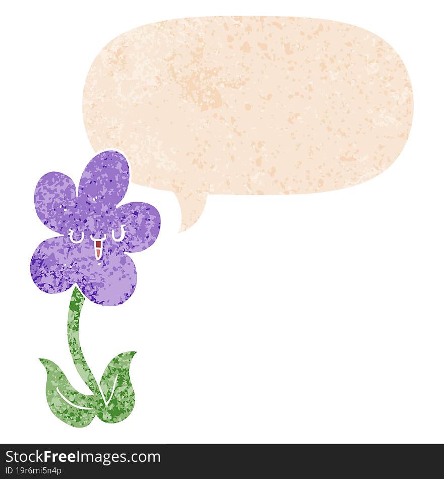 cartoon flower with happy face and speech bubble in retro textured style