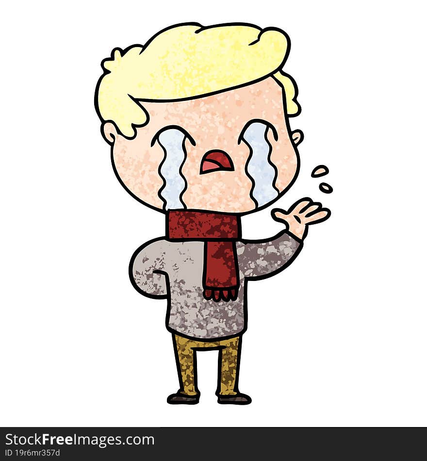 cartoon man crying wearing winter scarf. cartoon man crying wearing winter scarf