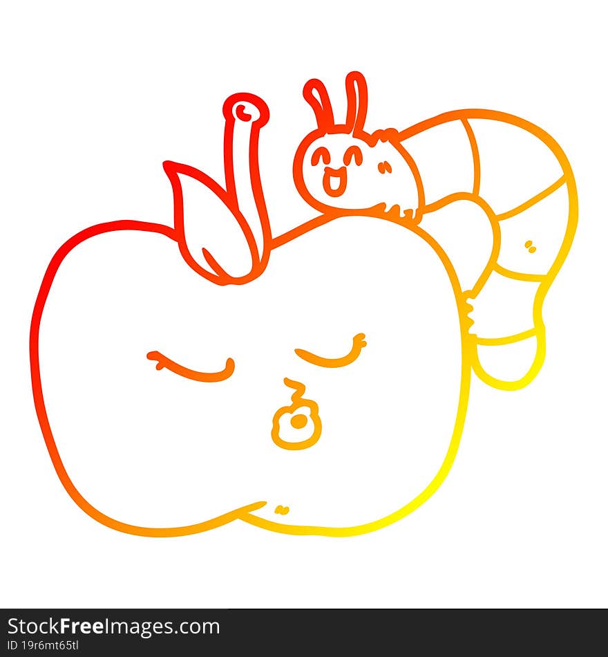 warm gradient line drawing of a cartoon pretty apple and bug