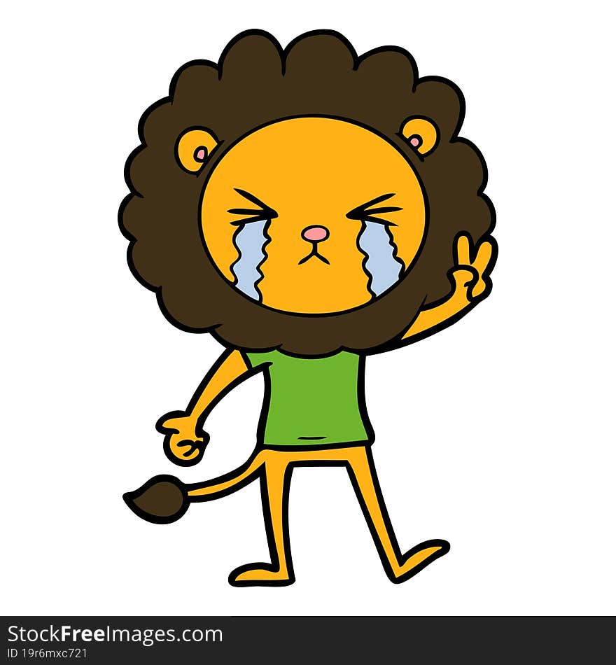 cartoon crying lion giving peace sign. cartoon crying lion giving peace sign