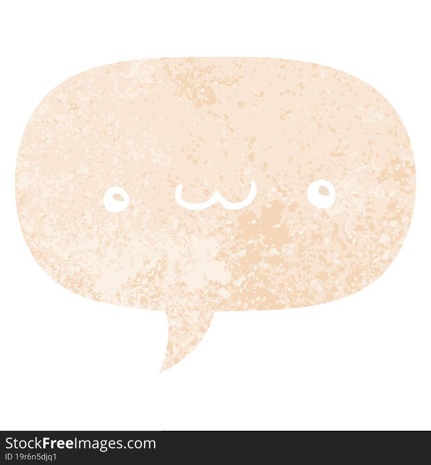 happy cartoon expression and speech bubble in retro textured style