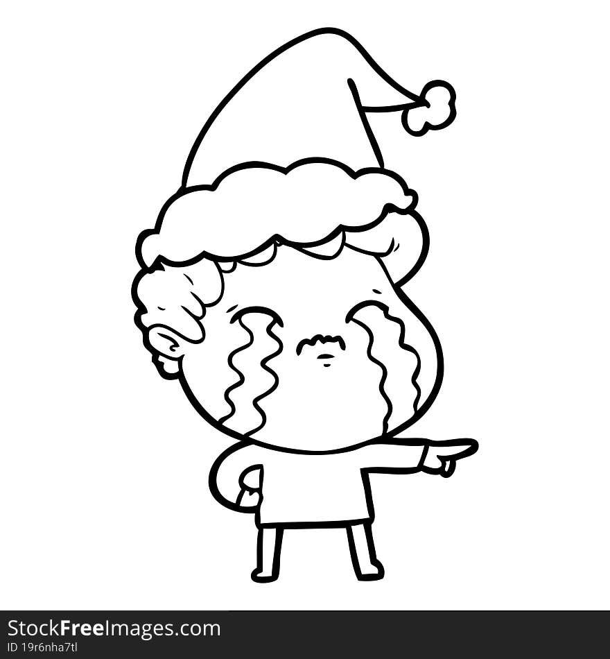 line drawing of a man crying wearing santa hat