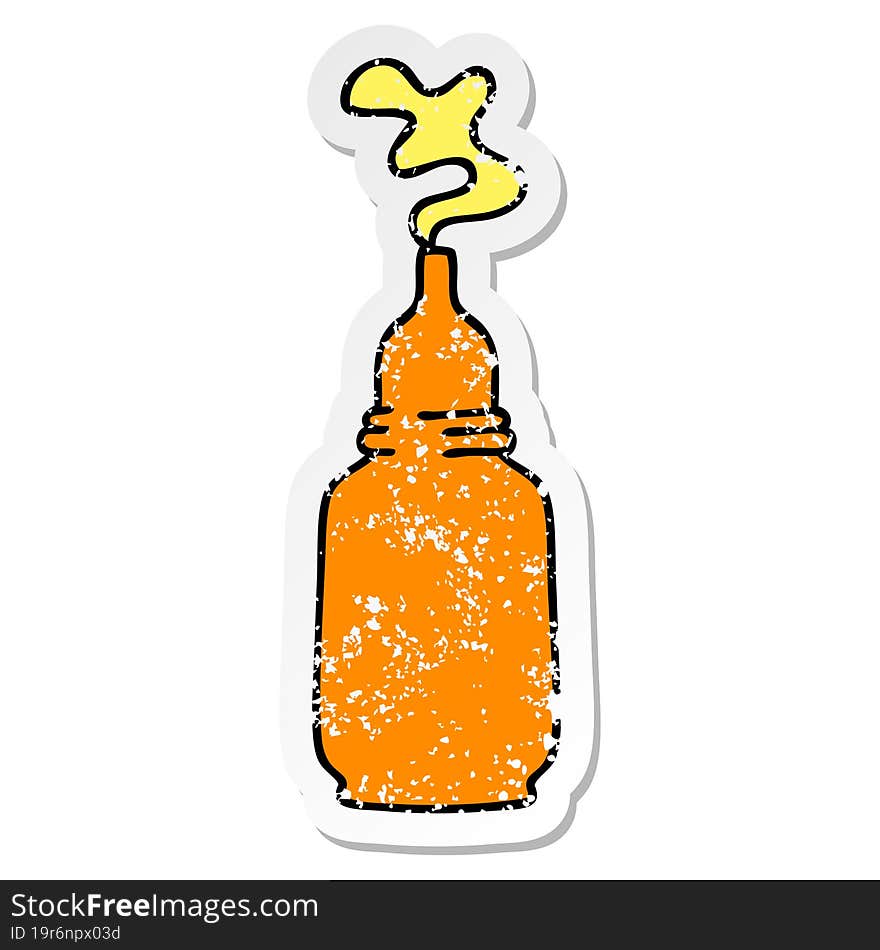 distressed sticker of a quirky hand drawn cartoon mustard bottle