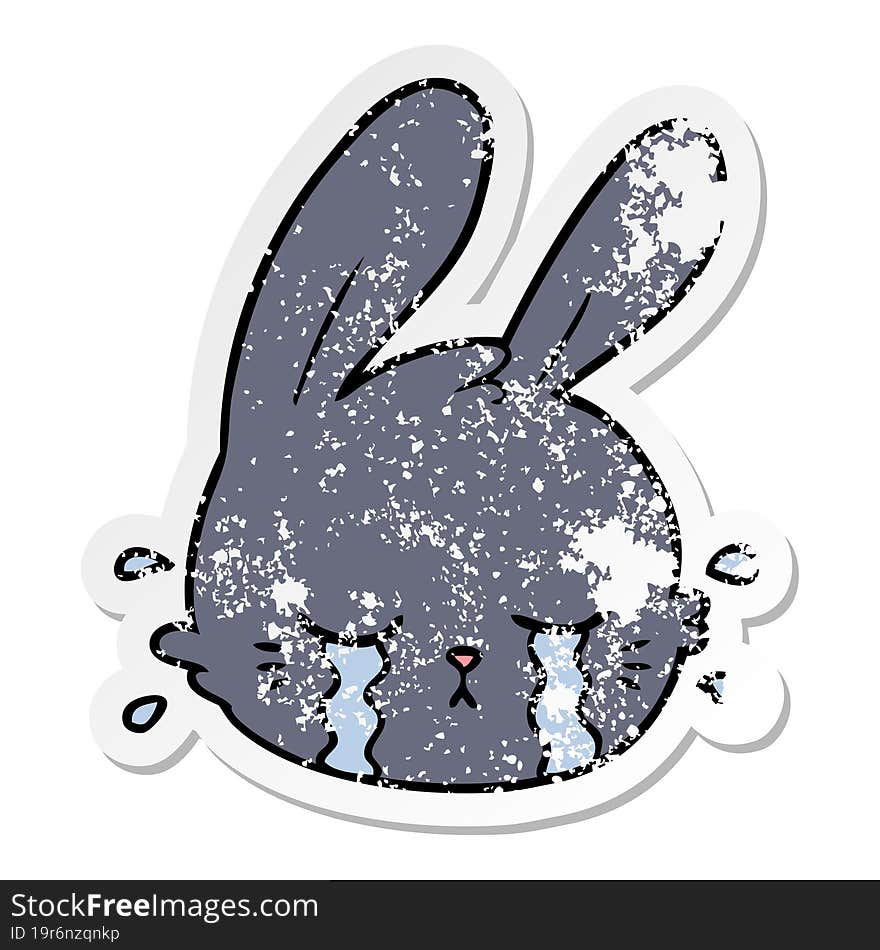 Distressed Sticker Of A Cartoon Rabbit Face Crying