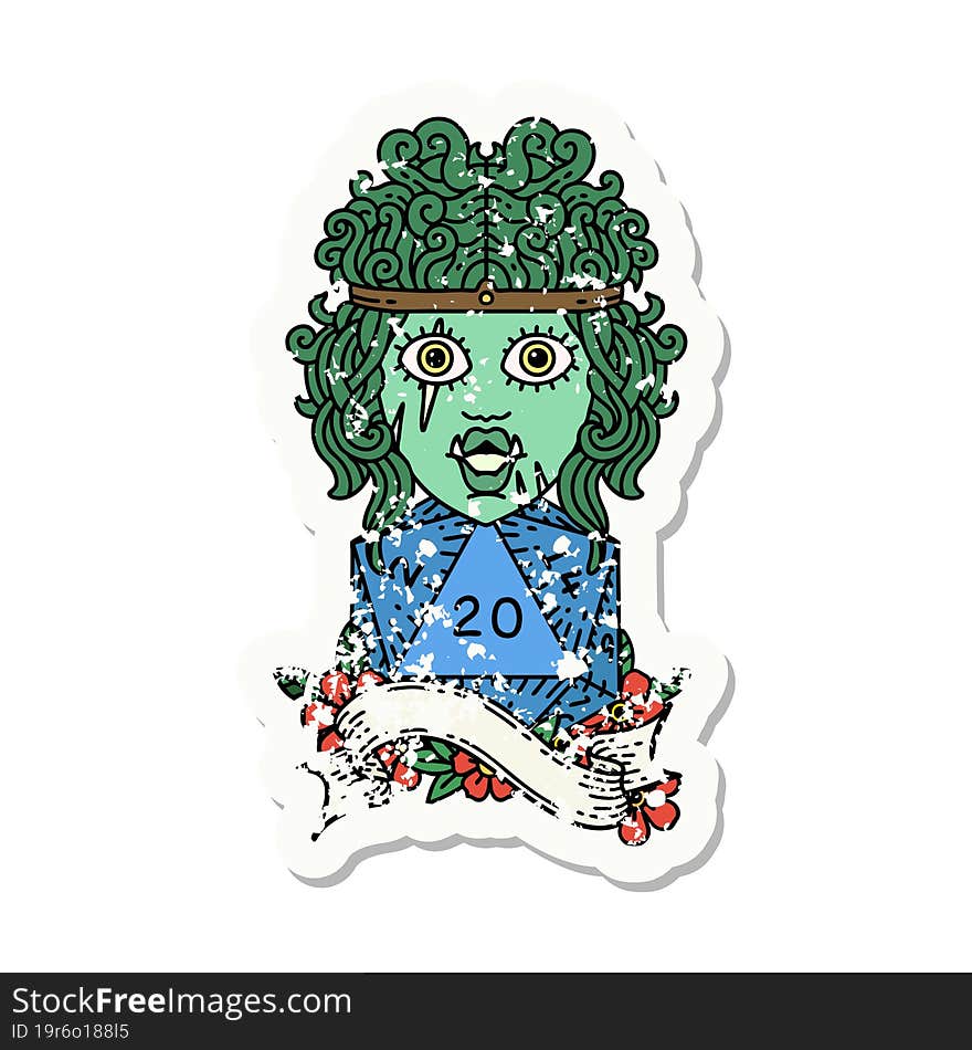 half orc barbarian with natural twenty dice roll grunge sticker