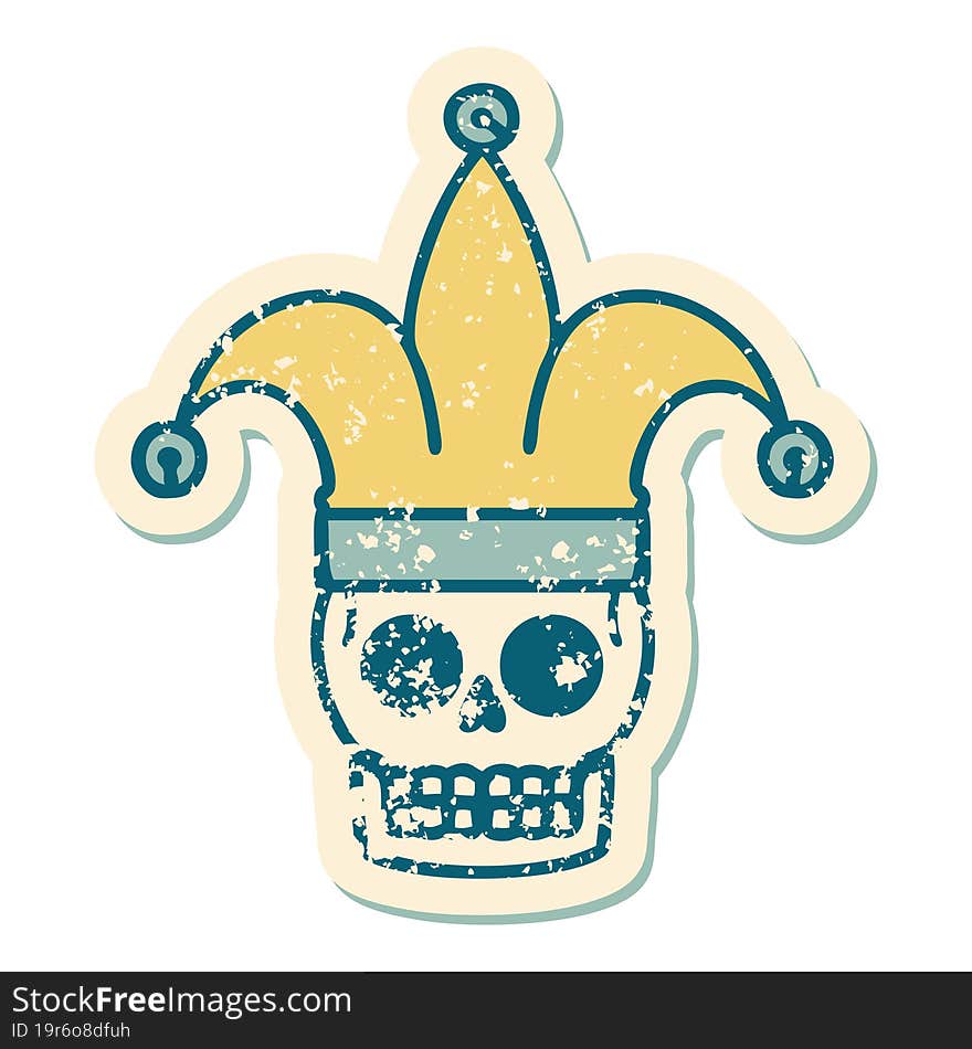 Distressed Sticker Tattoo Style Icon Of A Skull Jester