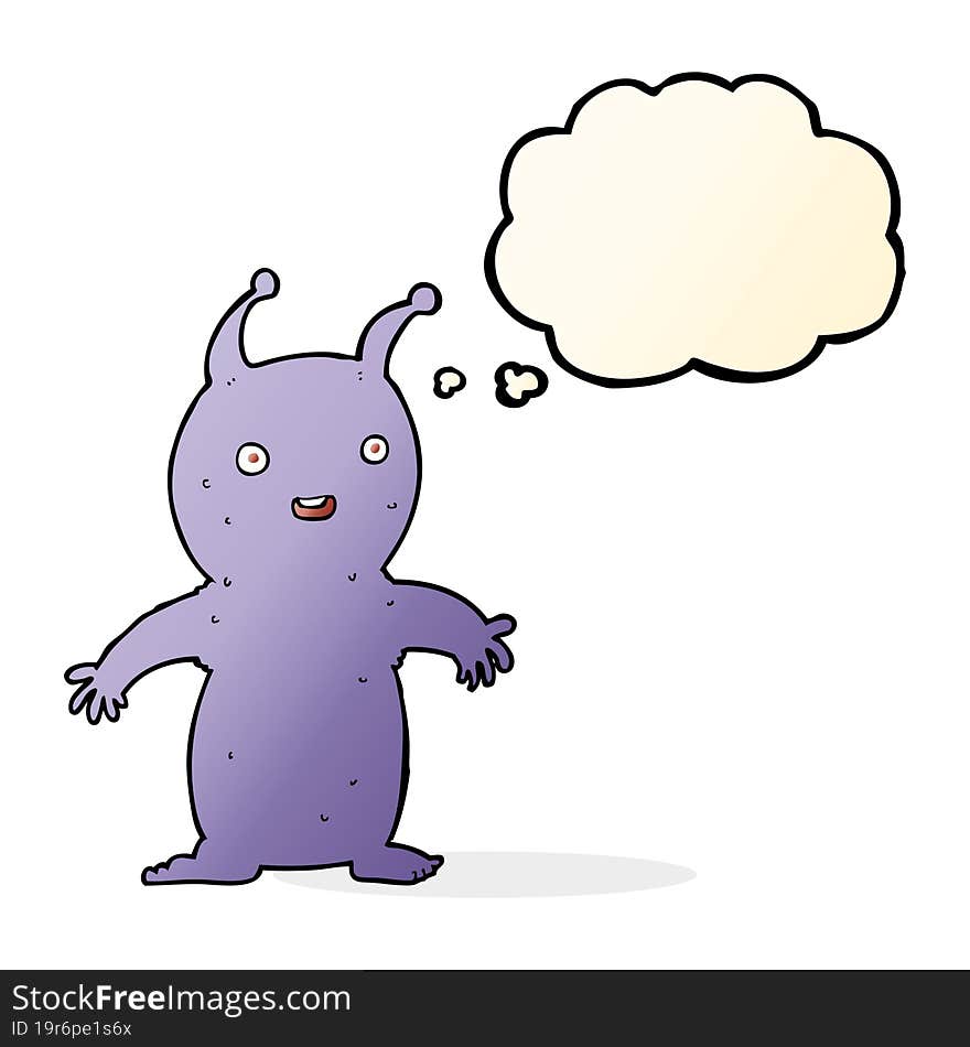 cartoon happy little alien with thought bubble