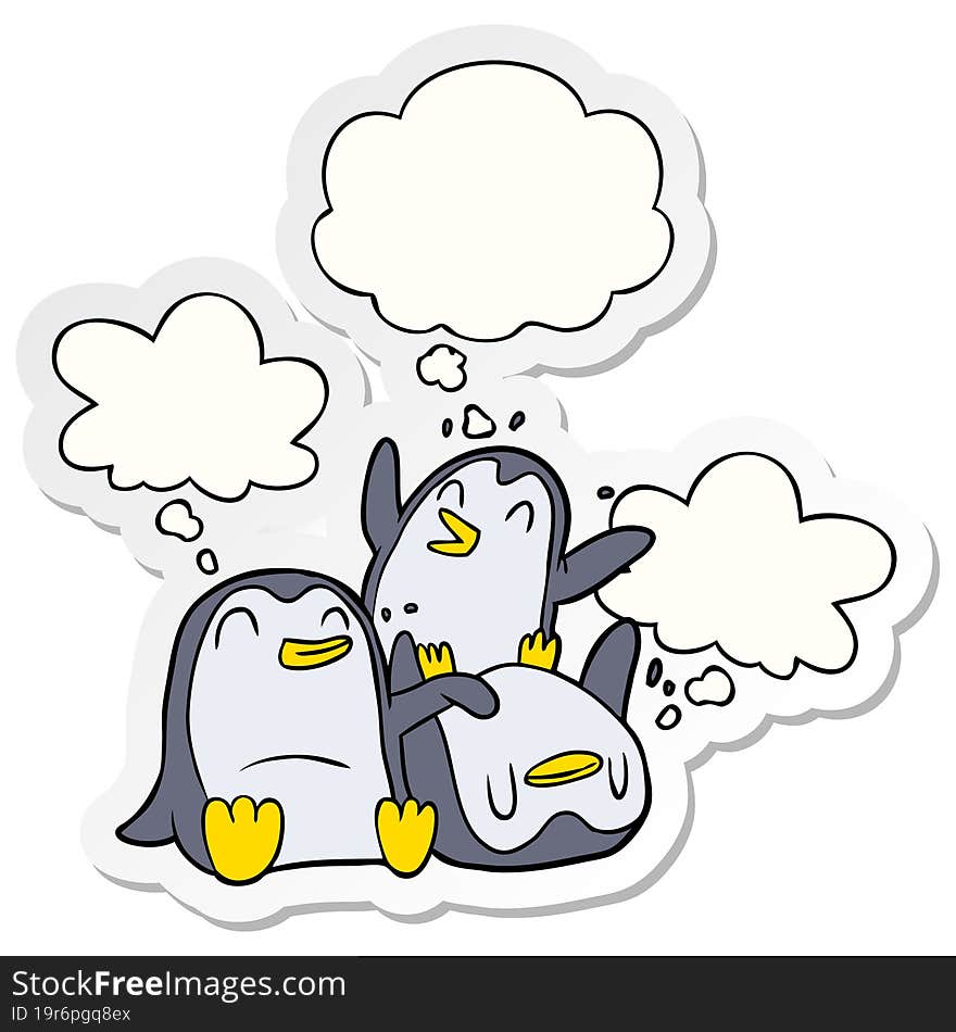 cartoon penguins and thought bubble as a printed sticker