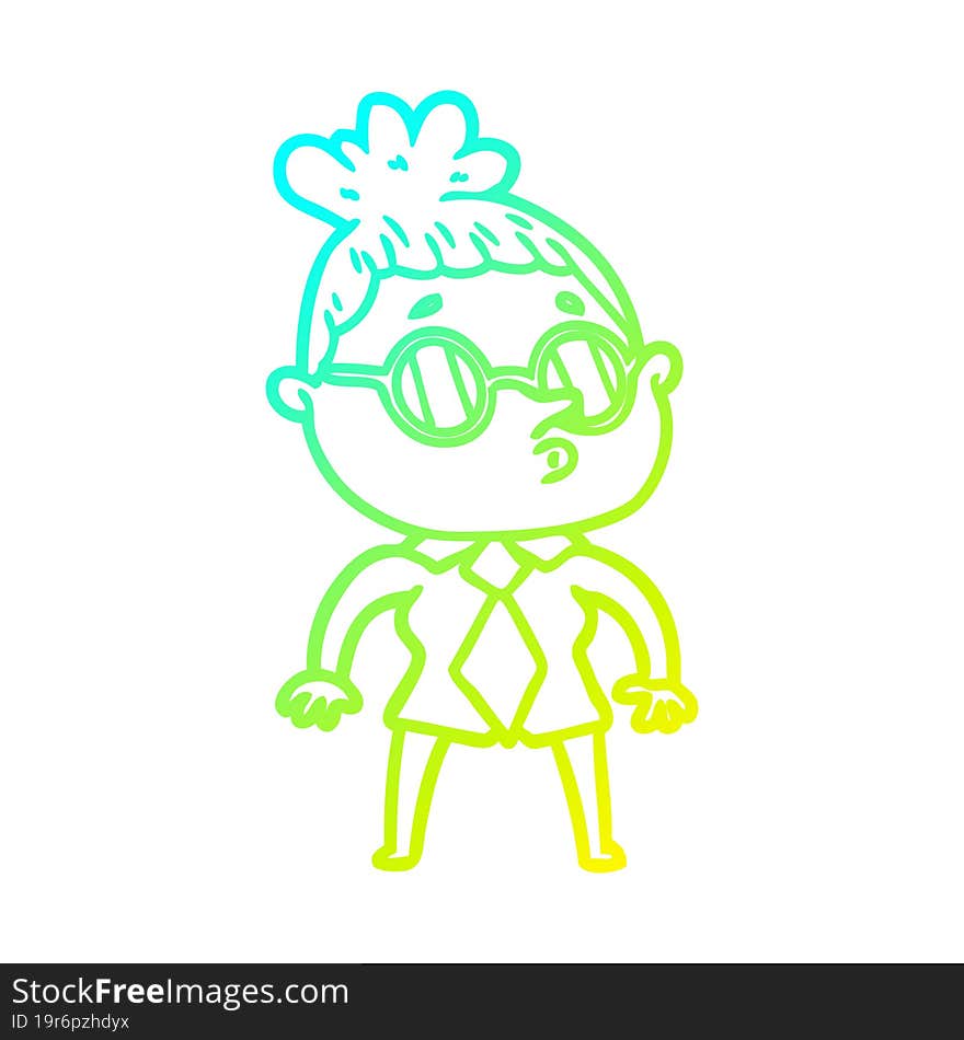 cold gradient line drawing cartoon woman wearing glasses