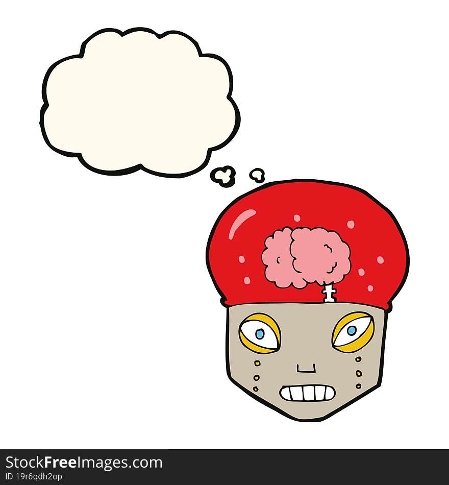 cartoon spooky robot head with thought bubble