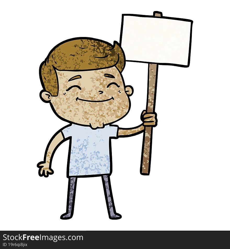 happy cartoon man with placard. happy cartoon man with placard