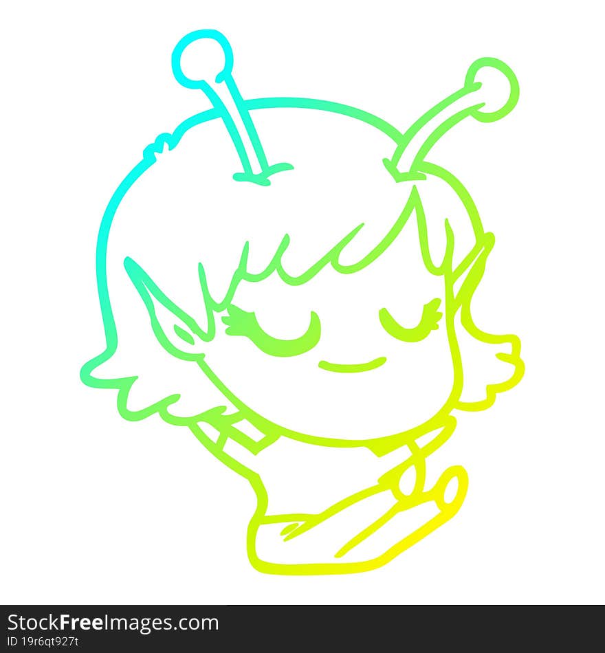 cold gradient line drawing smiling alien girl cartoon sitting