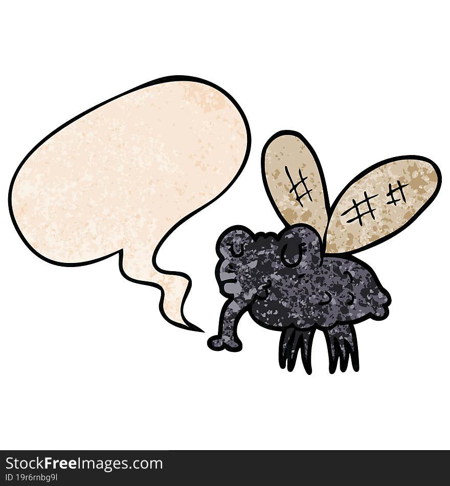 cartoon fly with speech bubble in retro texture style