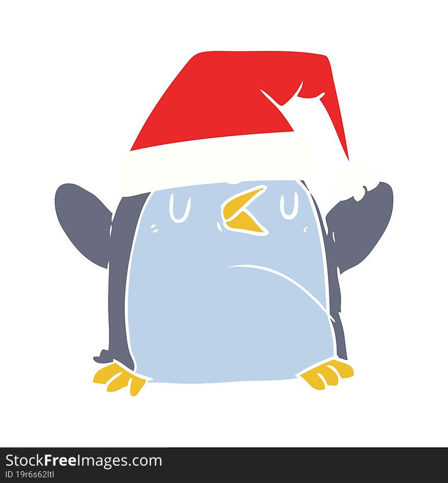 flat color style cartoon penguin wearing christmas hat