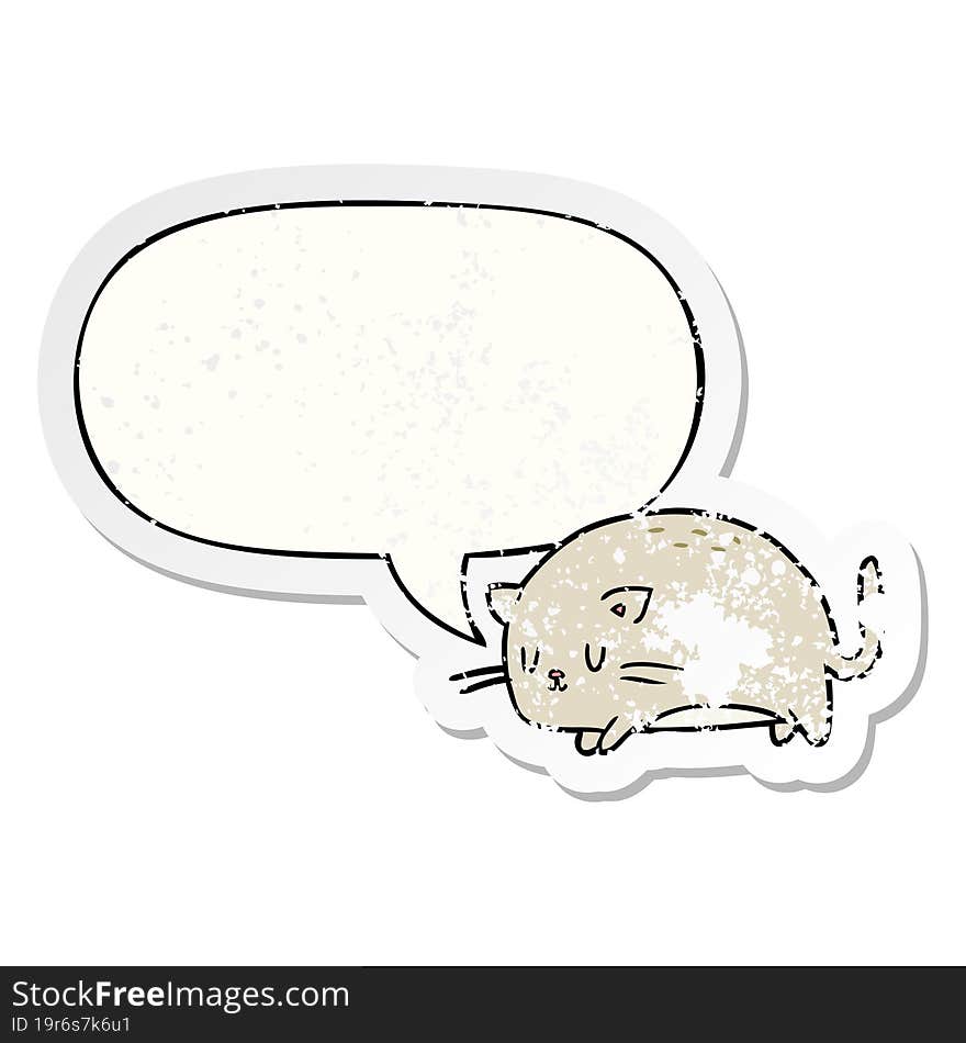 cute fat cartoon cat and speech bubble distressed sticker