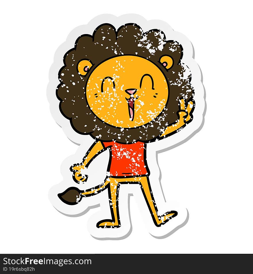 distressed sticker of a laughing lion giving peace sign