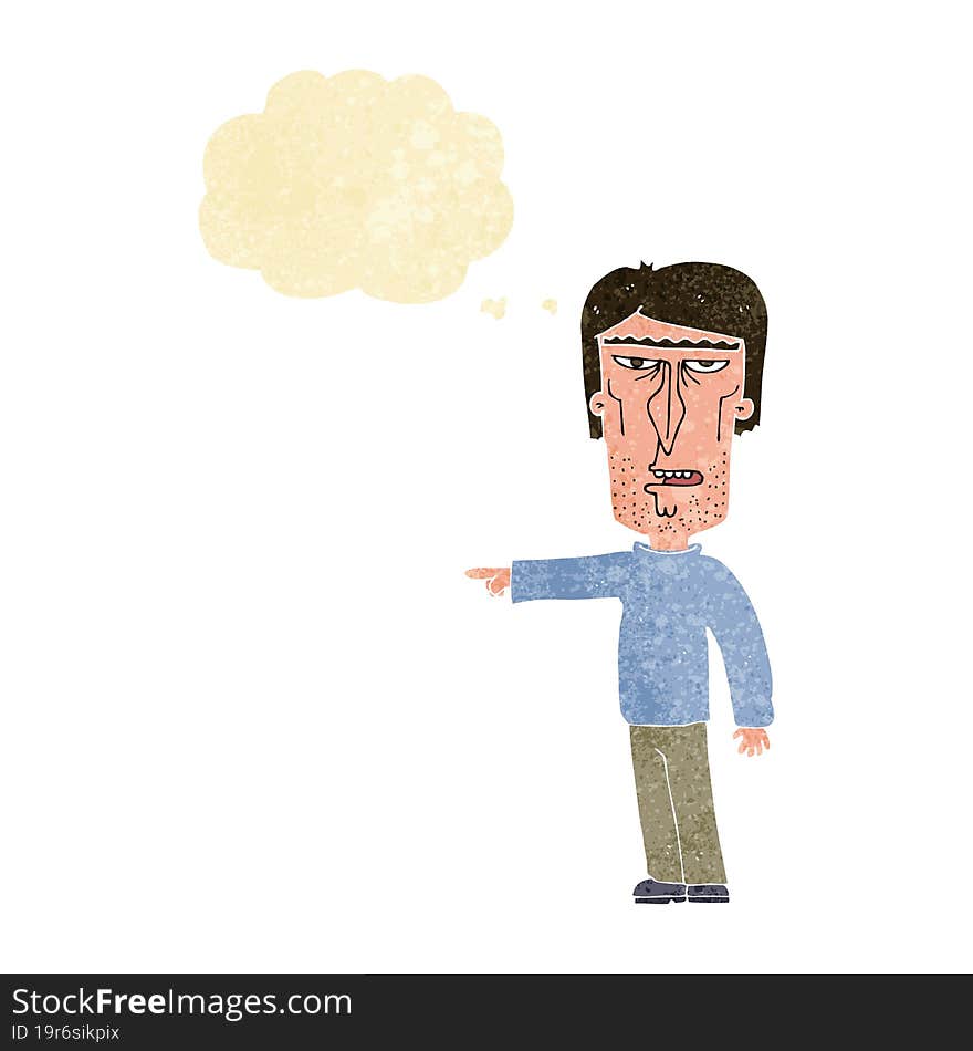 cartoon pointing man with thought bubble