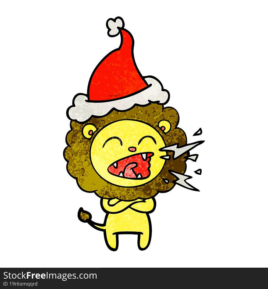 textured cartoon of a roaring lion wearing santa hat