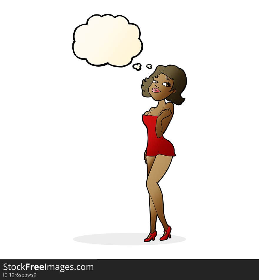 Cartoon Attractive Woman In Short Dress With Thought Bubble