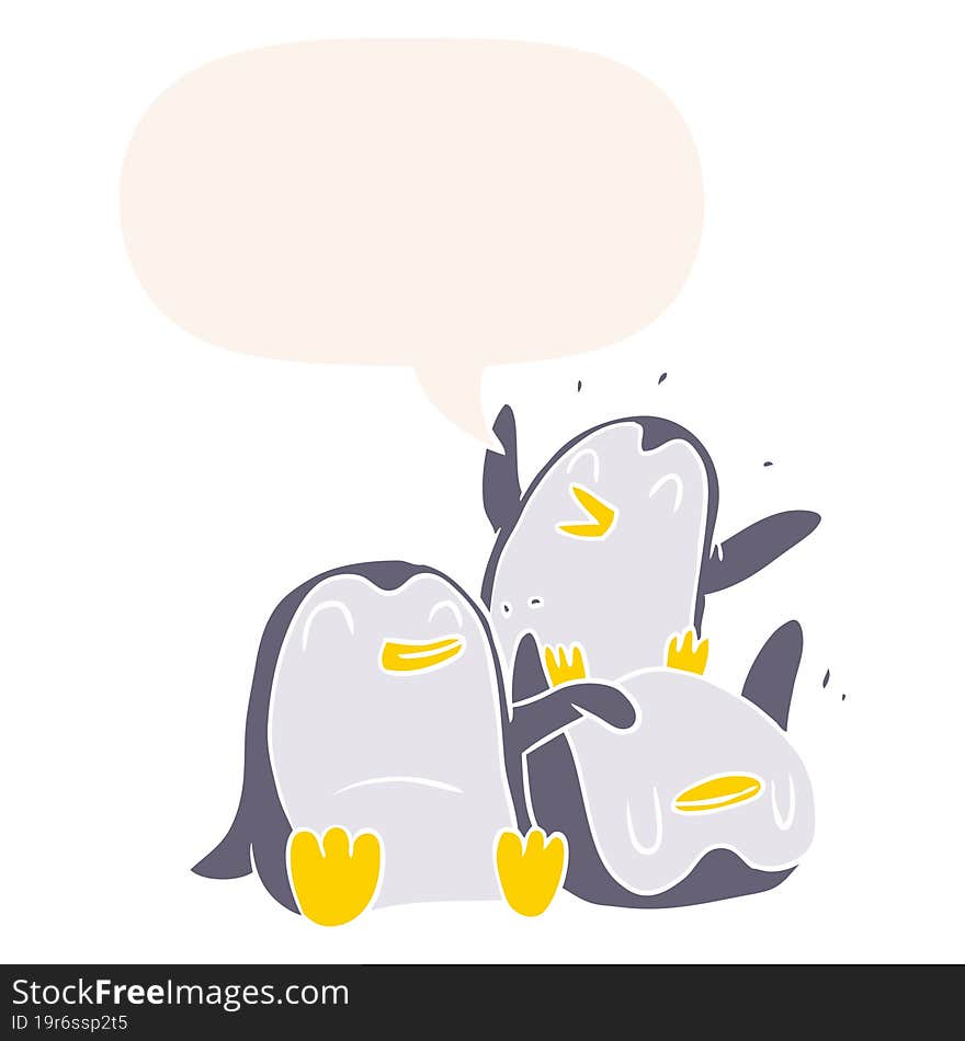 cartoon happy penguins and speech bubble in retro style