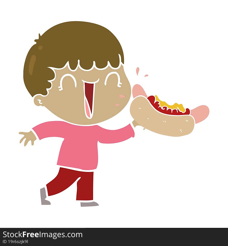 laughing flat color style cartoon man eating hot dog