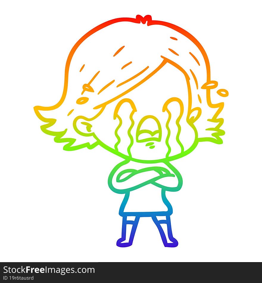 rainbow gradient line drawing of a cartoon woman crying