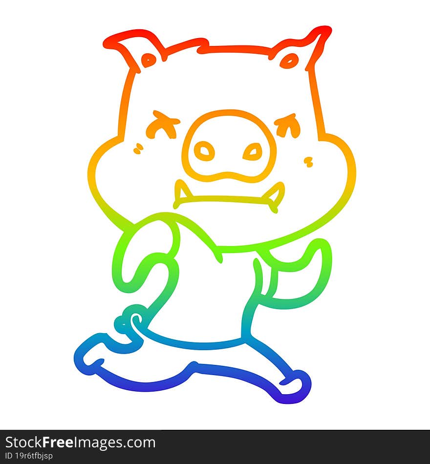 rainbow gradient line drawing angry cartoon pig running