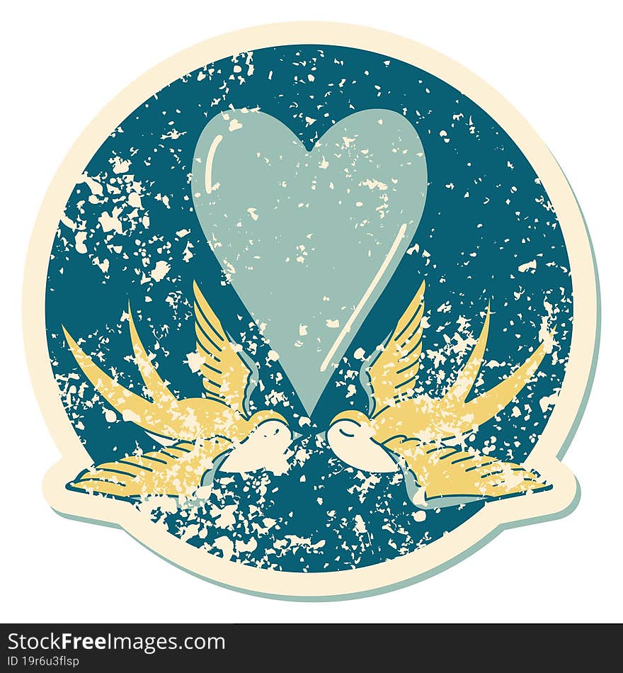 iconic distressed sticker tattoo style image of swallows and a heart. iconic distressed sticker tattoo style image of swallows and a heart