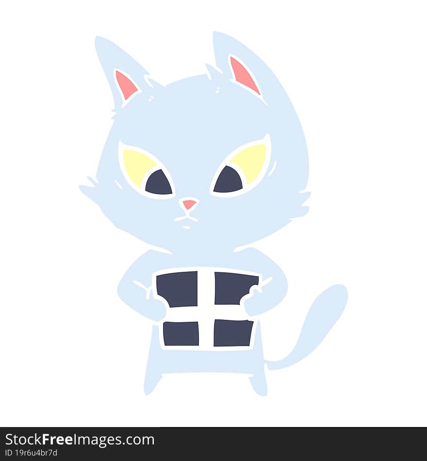 confused flat color style cartoon cat with gift