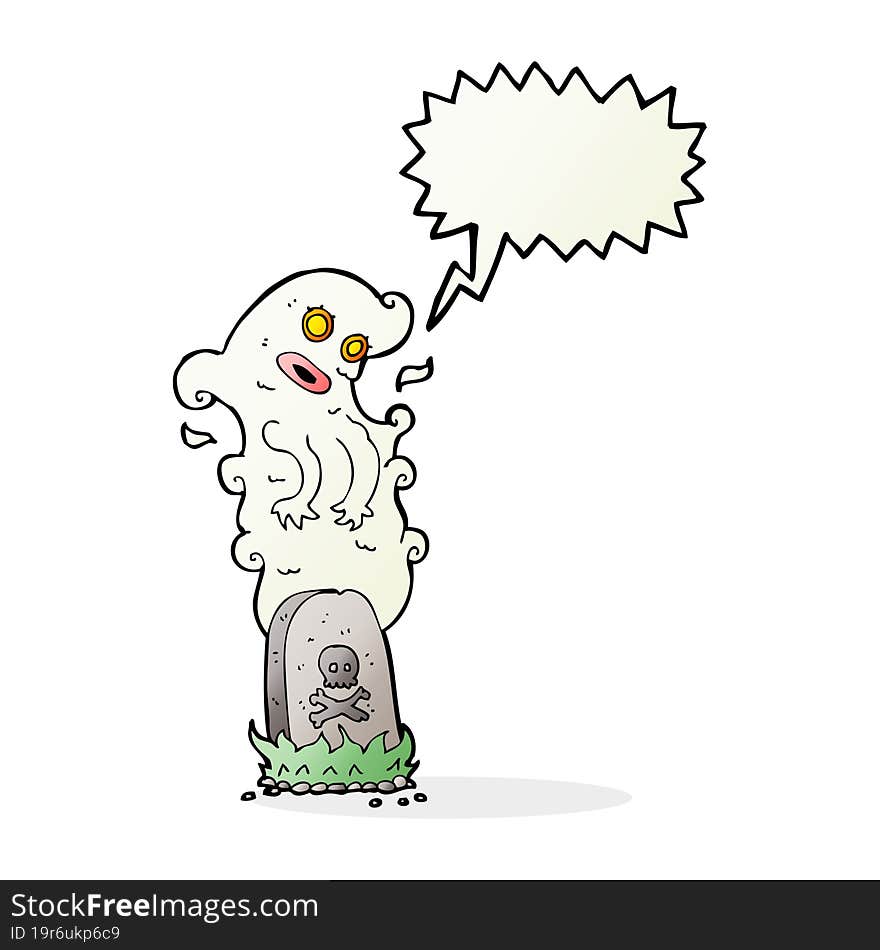 cartoon ghost rising from grave with speech bubble