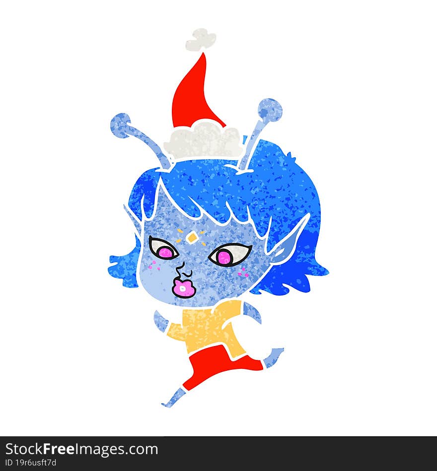 pretty retro cartoon of a alien girl running wearing santa hat