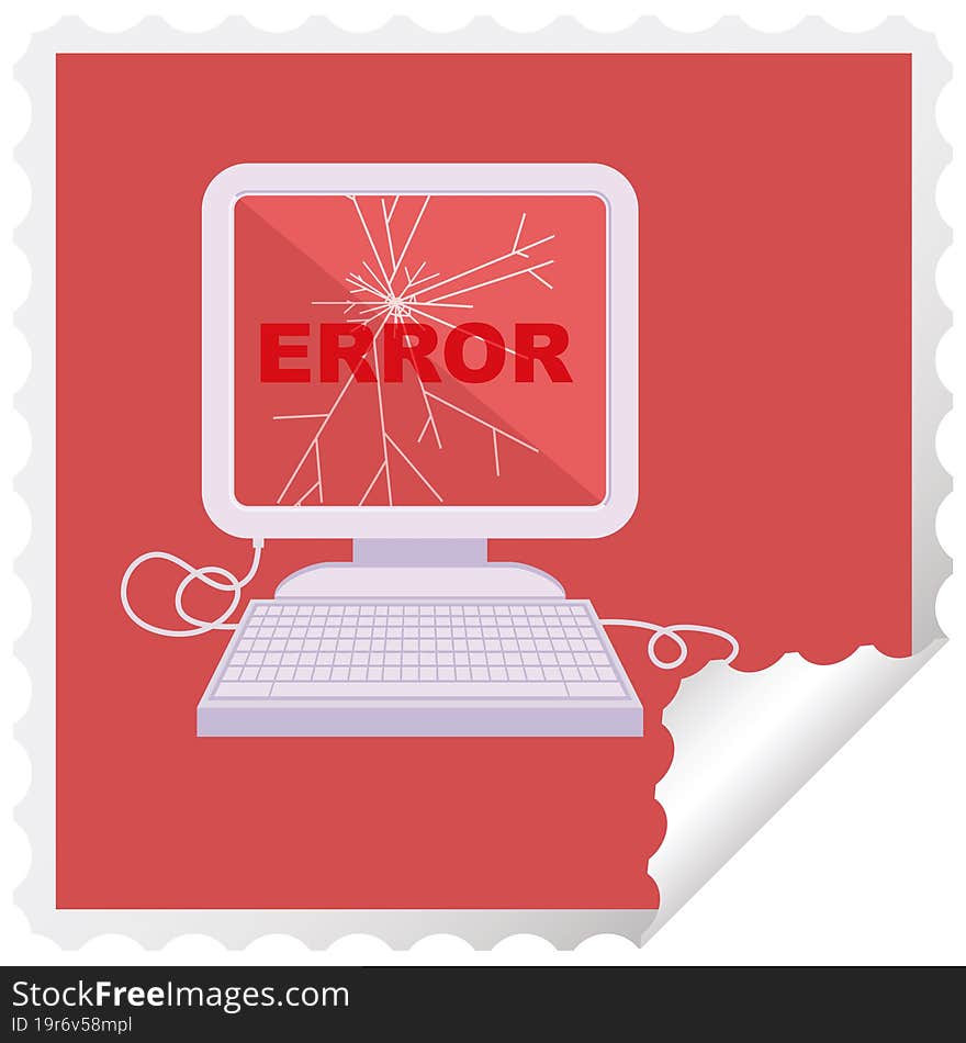 Broken Computer Graphic Vector Illustration Square Sticker Stamp