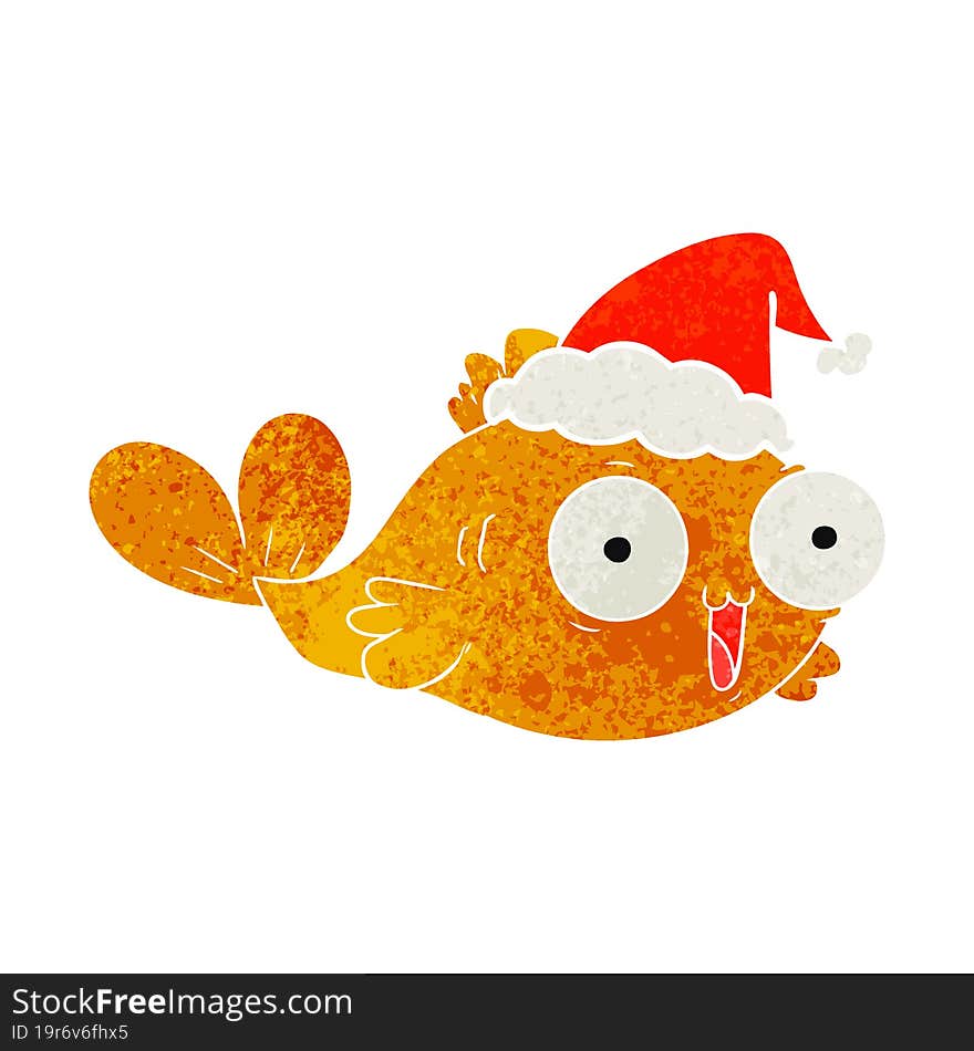 Happy Goldfish Retro Cartoon Of A Wearing Santa Hat