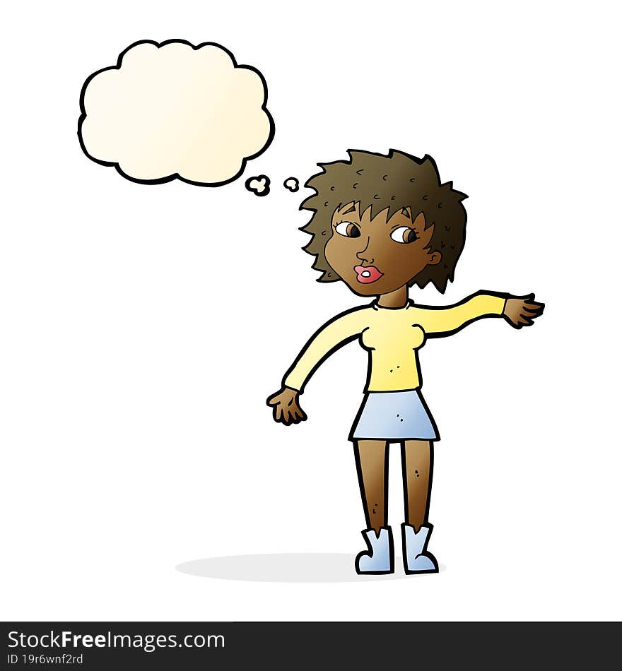 cartoon friendly woman waving with thought bubble