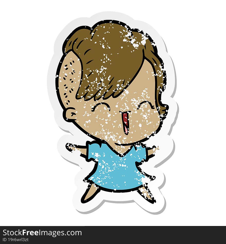 distressed sticker of a cartoon happy hipster girl