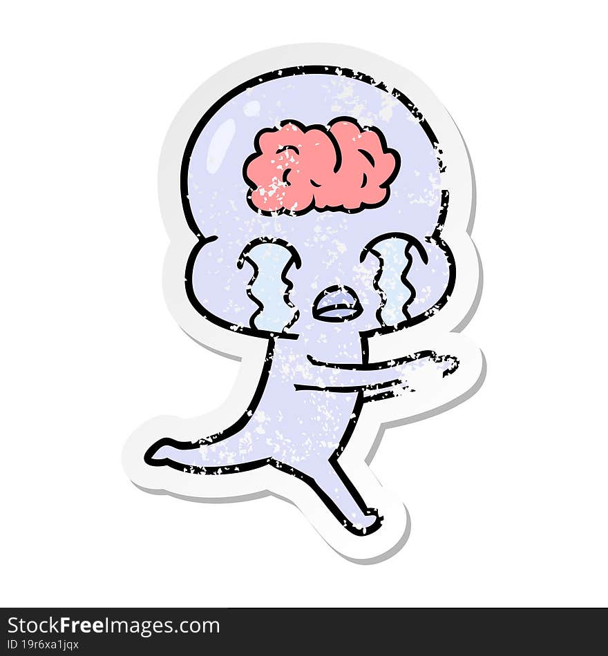 distressed sticker of a cartoon big brain alien crying