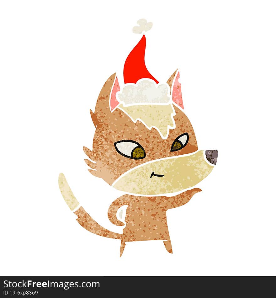 friendly retro cartoon of a wolf wearing santa hat