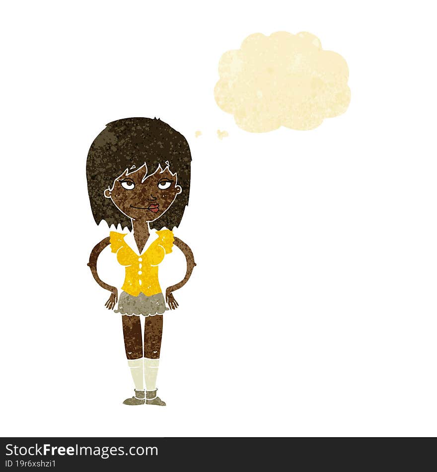 cartoon woman with hands on hips with thought bubble