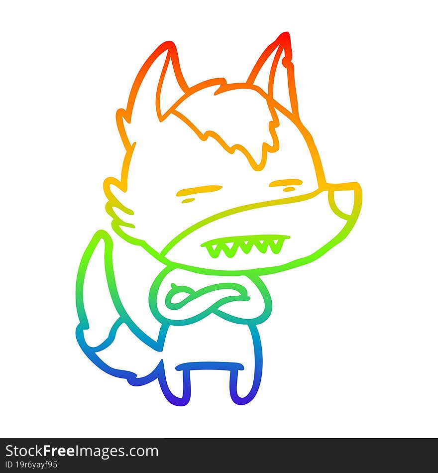 rainbow gradient line drawing of a cartoon wolf showing teeth