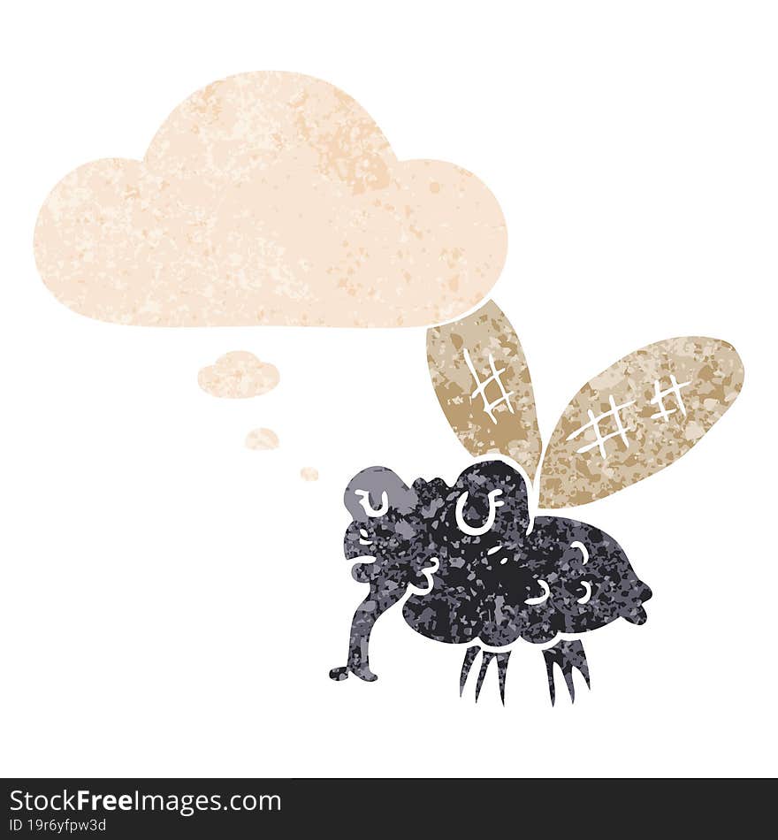 cartoon fly with thought bubble in grunge distressed retro textured style. cartoon fly with thought bubble in grunge distressed retro textured style