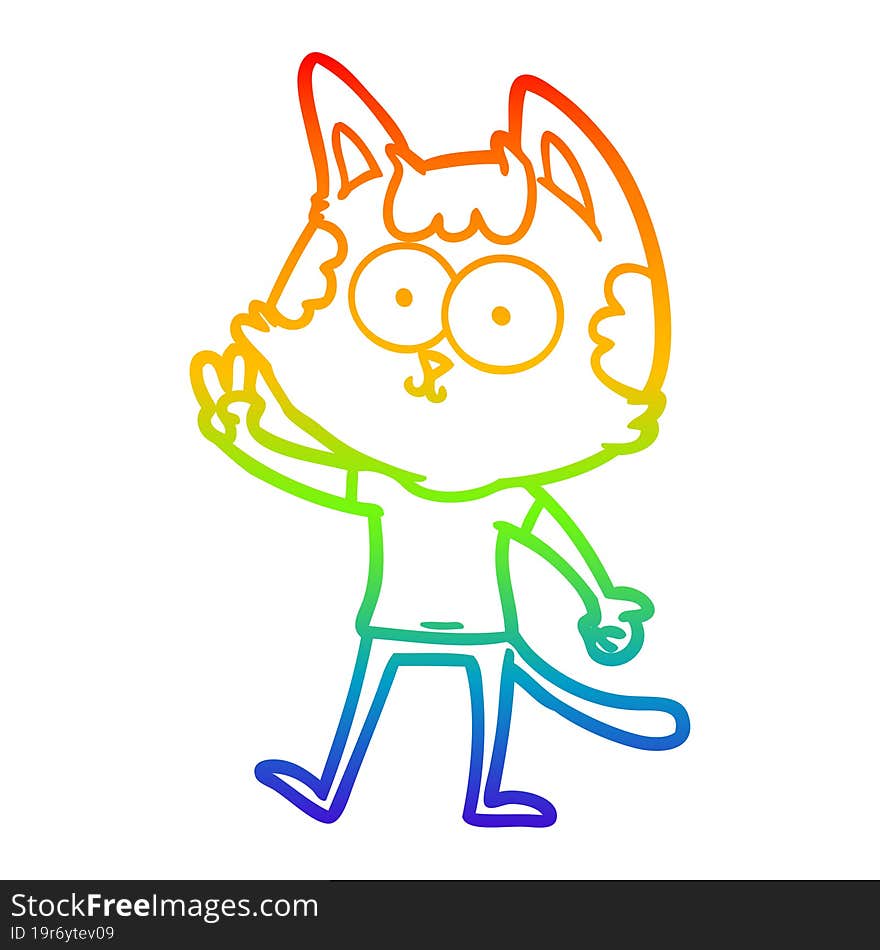 rainbow gradient line drawing happy cartoon cat giving peace sign