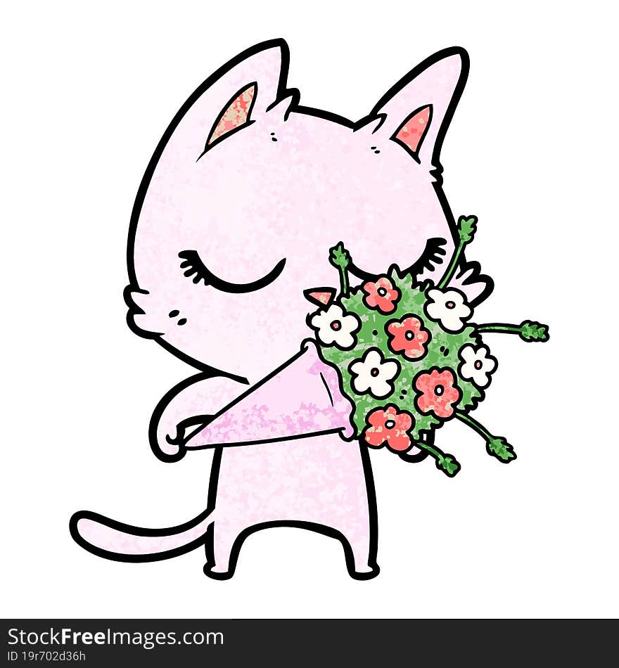 calm cartoon cat with flowers. calm cartoon cat with flowers