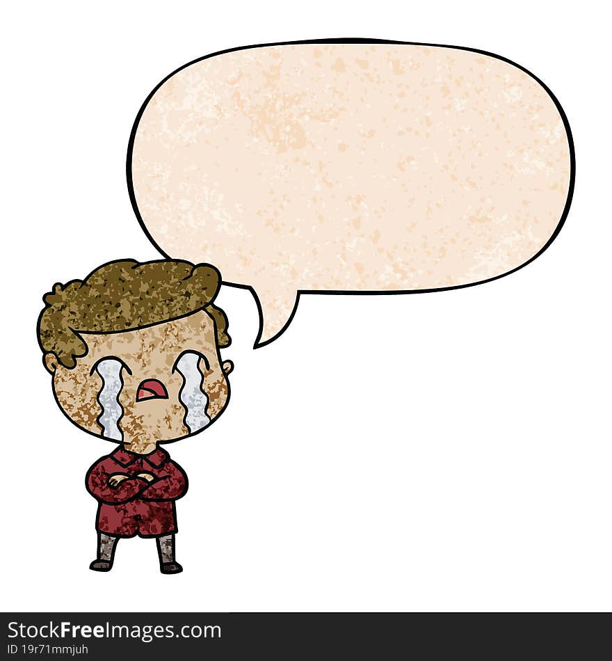 Cartoon Man Crying And Speech Bubble In Retro Texture Style