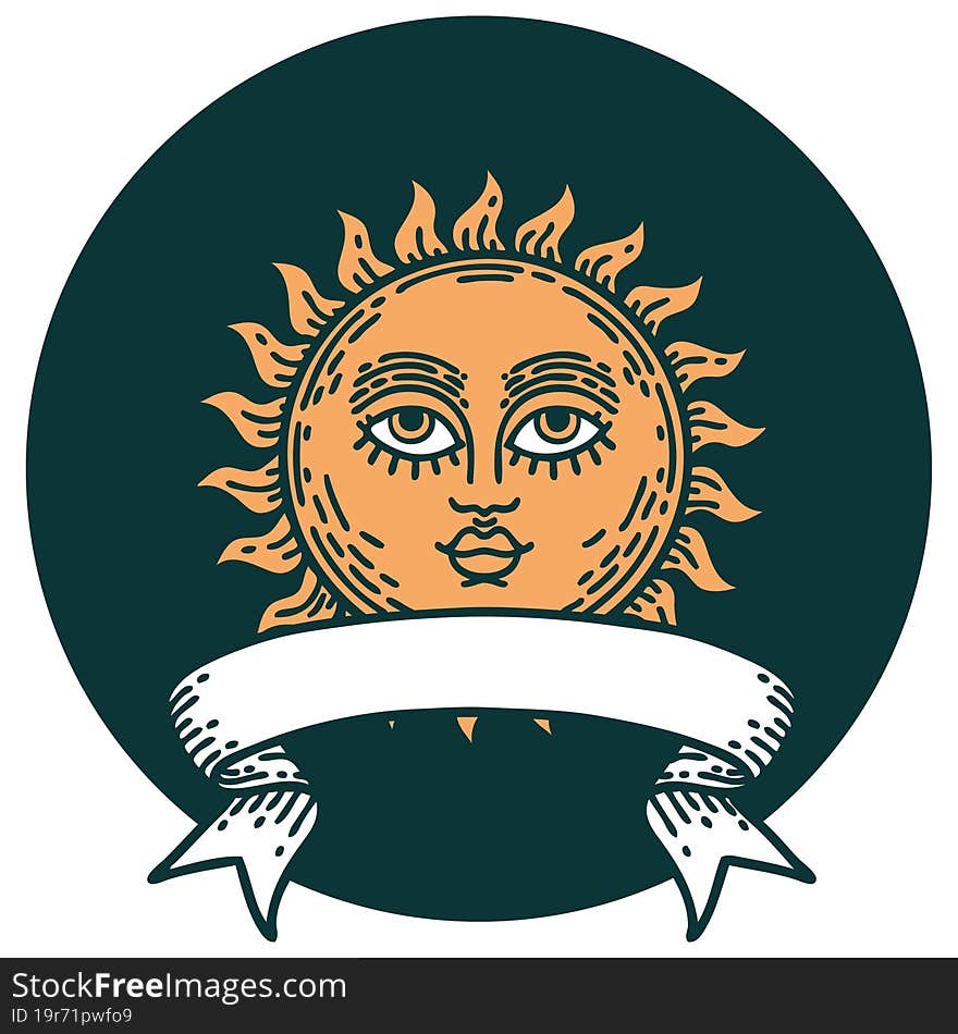 tattoo style icon with banner of a sun with face