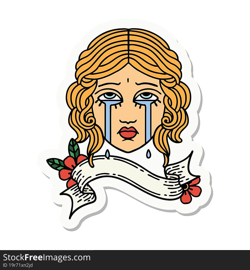 tattoo style sticker with banner of female face crying